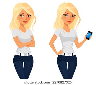 un lindo personaje de caricatura de una joven rubia en jeans, parada con los brazos cruzados o sosteniendo un celular. Aislado en blanco. Archivo de vectores.