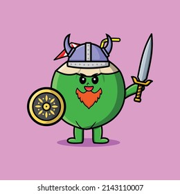 Cute cartoon character Young coconut viking pirate with hat and holding sword and shield