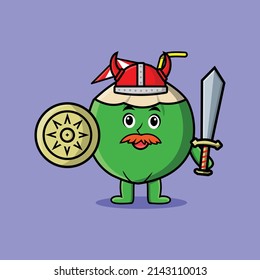 Cute cartoon character Young coconut viking pirate with hat and holding sword and shield