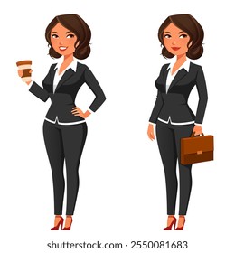 Personaje lindo de la historieta de una joven empresaria amistosa, gerente o abogado en traje negro elegante, sosteniendo una taza de café o un maletín. Aislado en blanco.