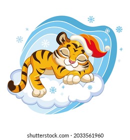 Cute cartoon charactercute tiger cub sleeping on a cloud in a Christmas hat with snowflakes. Vector isolated illustration. For print, design, advertising, stationery, t-shirt, decor, sublimation