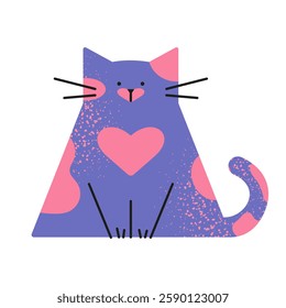 Cute cartoon characteristic lilac cat with a heart pattern on its fur in a sitting position. Vector illustration.
