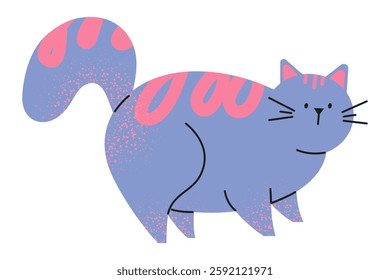 A cute cartoon characteristic lilac cat with a pink stripe stands on its paws and has a fluffy tail. Vector illustration.