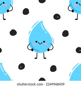 Cute cartoon characters blue water drops pattern. Seamless vector pattern on white background