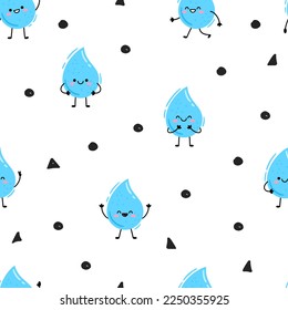 Cute cartoon characters blue water drops pattern. Seamless vector pattern on white background