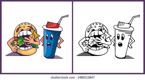 Cute cartoon characters, Burger and plastic glass with a drink. Fast food illustration. Coloring book pages