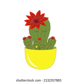 Cute cartoon characters. Cactus mom and 4 kids in a yellow pot hug. Mother's Day. Baby cactus with soother , kid cactus in glasses. The love of mother and child. The layout of the postcard.