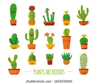 Cute cartoon characters cactus set, cacti with different emotions. A set of cute cacti with a happy face. Vector children s illustration for postcards, posters, posters.