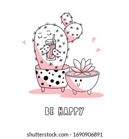 Cute cartoon characters, cactus and succulent in concrete pots. Vector illustration.