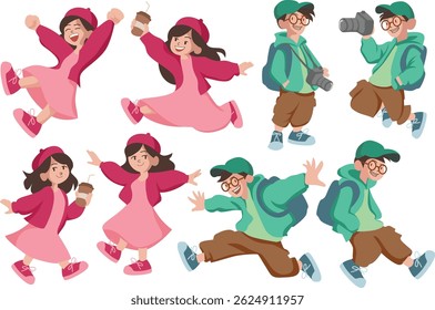 Cute cartoon characters of a cheerful boy and girl in various joyful poses with coffee and camera, perfect for travel, lifestyle, and holiday themes.