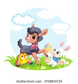 Cute cartoon characters chicken, lamb, rabbit with easter eggs. Vector isolated illustration. For postcard, posters, nursery design, greeting card, stickers,room decor,t-shirt,kids apparel, invitation