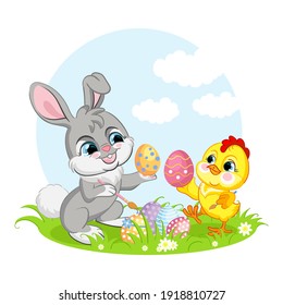 Cute cartoon characters chicken and rabbit with easter eggs. Vector isolated illustration. For postcard, posters, nursery design, greeting card, stickers, room decor,t-shirt,kids apparel, invitation