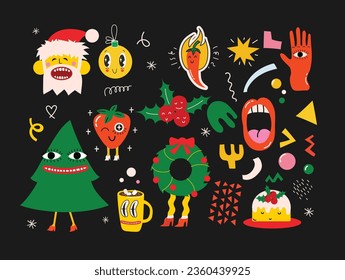 Caracteres de dibujos animados y elementos de navidad para tarjetas, patrones sin fisuras, pegatinas. Feliz Navidad y Feliz Año Nuevo 2024. Ilustraciones abstractas de moda vectorial para papel pintado de vacaciones, tela