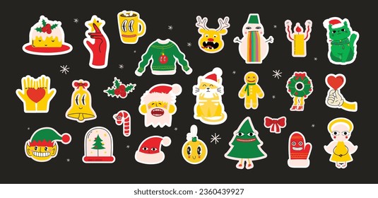 Cute cartoon characters and christmas elements for cards, seamless pattern, stickers. Merry Christmas and Happy New Year 2024. Vector trendy abstract illustrations for holiday wallpaper, fabric