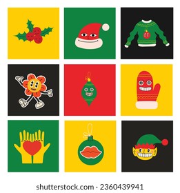 Cute cartoon characters and christmas elements for cards, seamless pattern, stickers. Merry Christmas and Happy New Year 2024. Vector trendy abstract illustrations for holiday wallpaper, fabric