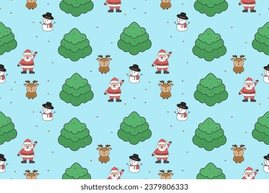 Cute cartoon characters and Christmas elements, seamless pattern.