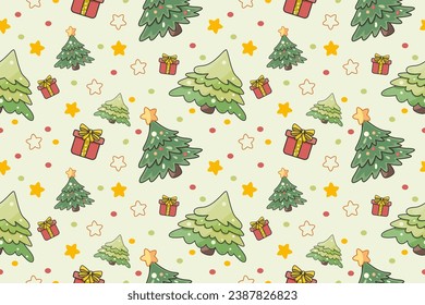 Cute cartoon characters and Christmas elements, seamless pattern.