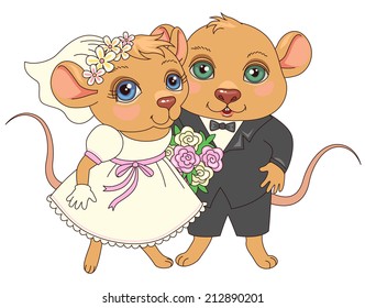 Cute cartoon characters. Couple of happy mice of newlyweds