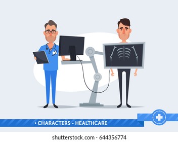 Cute Cartoon Characters. Characters. Doctor Standing Near the Patient During Chest X Ray Procedure - Vector Illustration