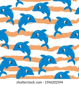 Cute, cartoon, characters dolphins , animals seamless pattern with waves on white background . Concept for print, textile , wallpapers