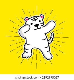 Cute cartoon characters in dub dance poses. Hand drawn  tiger doing dabbing.
Vector Illustration for kids isolated on yellow background.