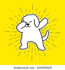 Cute cartoon characters in dub dance poses. Hand drawn dog doing dabbing.
Vector Illustration for kids isolated on yellow background.