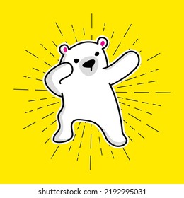 Cute cartoon characters in dub dance poses. Hand drawn bear doing dabbing.
Vector Illustration for kids isolated on yellow background.