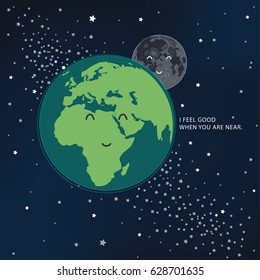 Personajes de dibujos animados, amigos de la Tierra y la Luna. Me siento bien cuando estás cerca de la inscripción. Ilustración del vector