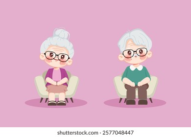 Cute cartoon characters of elderly grandparents sitting at sofa. Premium illustration vector.cartoon animation design.