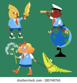 Cute cartoon characters of elementary age kids, representing different school subjects: history, geography, biology, vector illustration, no transparencies, EPS 8
