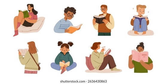 Cute cartoon characters enjoying literature and books, students preparing for exams. Vector obtaining knowledge and working on development of skills. Imagination of readers and bookworms