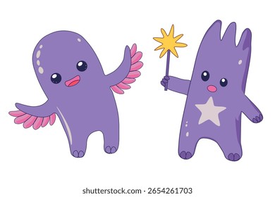 Personagens de desenhos animados bonitos. A criatura mágica dos contos de fadas. Conjunto de dois monstros roxos, um segurando varinha mágica. Design plano. Dois ícones isolados no fundo branco.