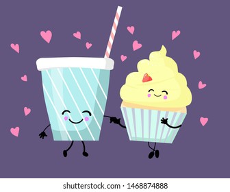 Cute cartoon characters of fast food snacks isolated on white: muffin or cupcake, milkshake.