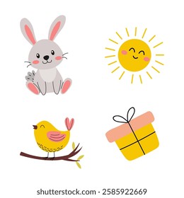 Cute cartoon characters featuring a rabbit, bird, sun, and gift box in a playful design