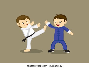 Cute cartoon characters fighting in different martial arts style, Japanese Karate high kick and Chinese Kung fu. Vector illustration isolated on plain background