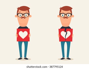 Cute Cartoon Characters with Full and Broken Heart Signs. Vector Set