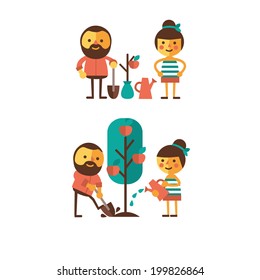 Cute cartoon characters girl and boy are planting and watering a tree. Vector illustration of stylish cartoon characters are planting an apple tree.