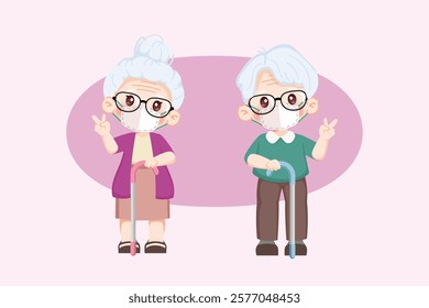 Cute cartoon characters of happy elderly grandparents wearing a face mask. Premium illustration vector.cartoon animation design.