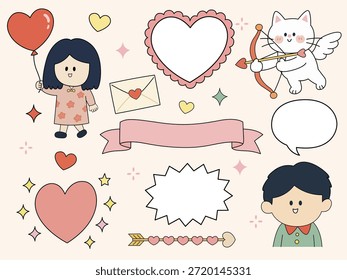 Cute cartoon characters with hearts, arrows, and playful elements for Valentine's Day or romantic themes