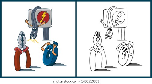 Cute cartoon characters, high voltage cable, pliers and insulation tape, coloring book pages