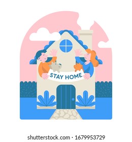 Cute cartoon characters hold banner with inscription "STAY HOME". Modern flat design vector illustration with quarantine message. Coronavirus Covid-19 epidemic, work from home. Motivational poster.