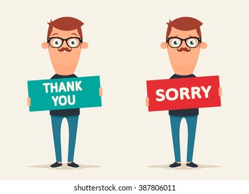 Cute Cartoon Characters Holding "Thank You" and "Sorry" Signs. Vector Set