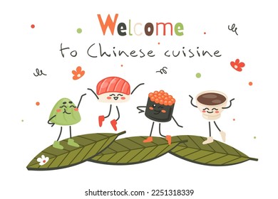 Personajes de Cute Cartoon invitan a la cocina china. rollo de sushi nigiri japonés, sashimi, vassabi, salsa. Ilustración del vector Doodle con texto para menú, afiche, banner, entrega, concepto de cocina 