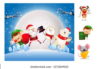 Cute cartoon characters jumping on meadow. Can be used for invitation and greeting card. Holiday concept