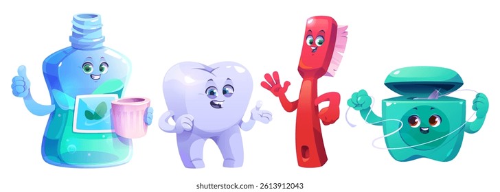 Cute cartoon characters of kids dental hygiene - smiling tooth, toothbrush, paste and mouthwash. Cheerful mascots encouraging children to brush teeth, use floss, rinse mouth. Oral health design.