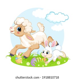 Cute cartoon characters lamb and rabbit running on a flower meadow. Vector isolated illustration. For postcard, posters, nursery design, cards, stickers, room decor, t-shirt, kids apparel, invitation