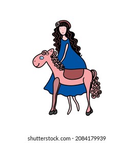 Cute cartoon characters. Little girl with horse.