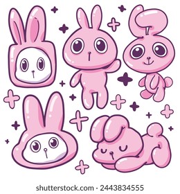 Lindos personajes de dibujos animados de un lindo conejito rosa. Lindo conejito rosa animal de dibujos animados. Utilice este archivo de dibujos animados para diseños como camisetas, pegatinas y muchos otros.