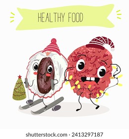 Cute  cartoon  characters lychee with different activities. Flat vector illustration, funny fruits. Organic food.
