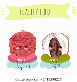 Cute  cartoon  characters lychee with different activities. Flat vector illustration, funny fruits. Organic food.